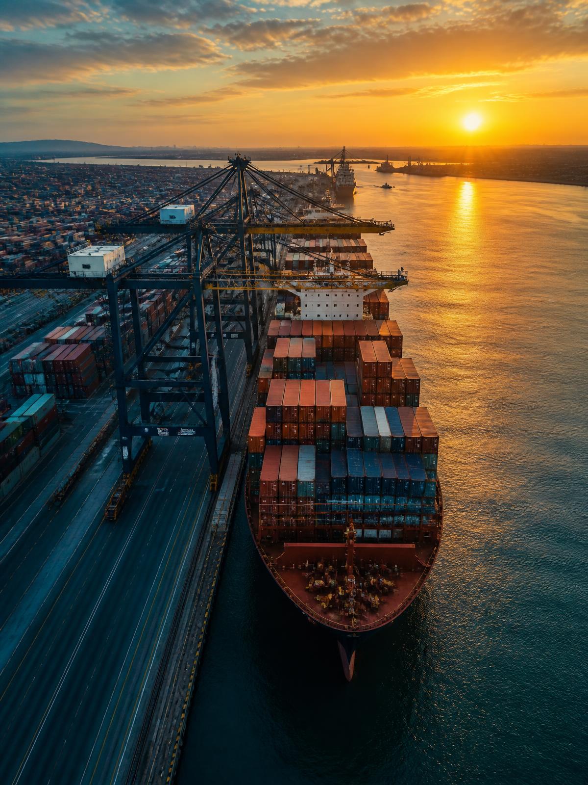Vista aérea de terminal portuário com navios e contêineres ao entardecer